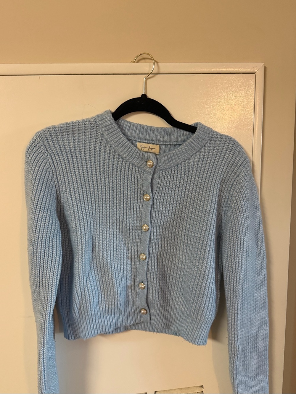 Jessica Simpson Light Blue Ribbed Pearl-Button Cardigan